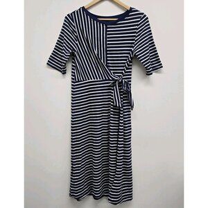 Cuddl Duds Flexwear Wrap Dress Sz Small Tie Front Striped Blue Gray White Casual